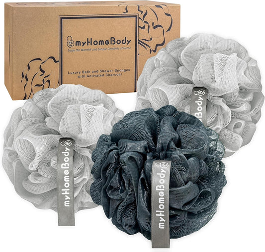 myHomeBody 60g Loofah Sponge, Body Scrubber, Bath Sponge, Loofah for Women, Men, Exfoliating Sponge Shower Pouf with Activated Charcoal - 2 Fog Gray + 1 Midnight Blue, 3 Pack