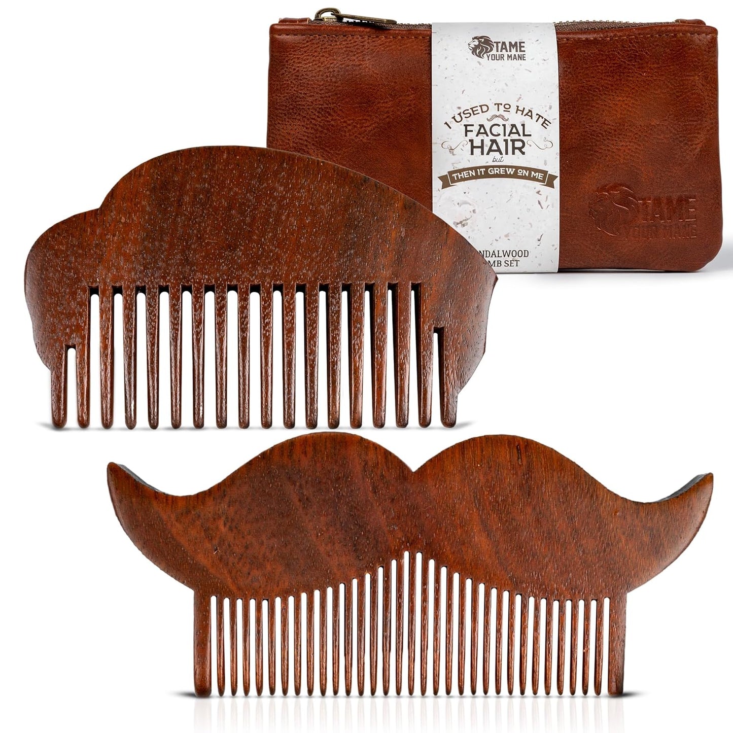 2-Piece Prazoli Mens Sandalwood Mustache, Beard & Hair Comb - Funny, Unique & Cool Gifts Ideas for Husband, Boyfriend, Dad & Man Anniversary | Fine Tooth Hair Care Grooming Set Kit | Mini Small Pocket