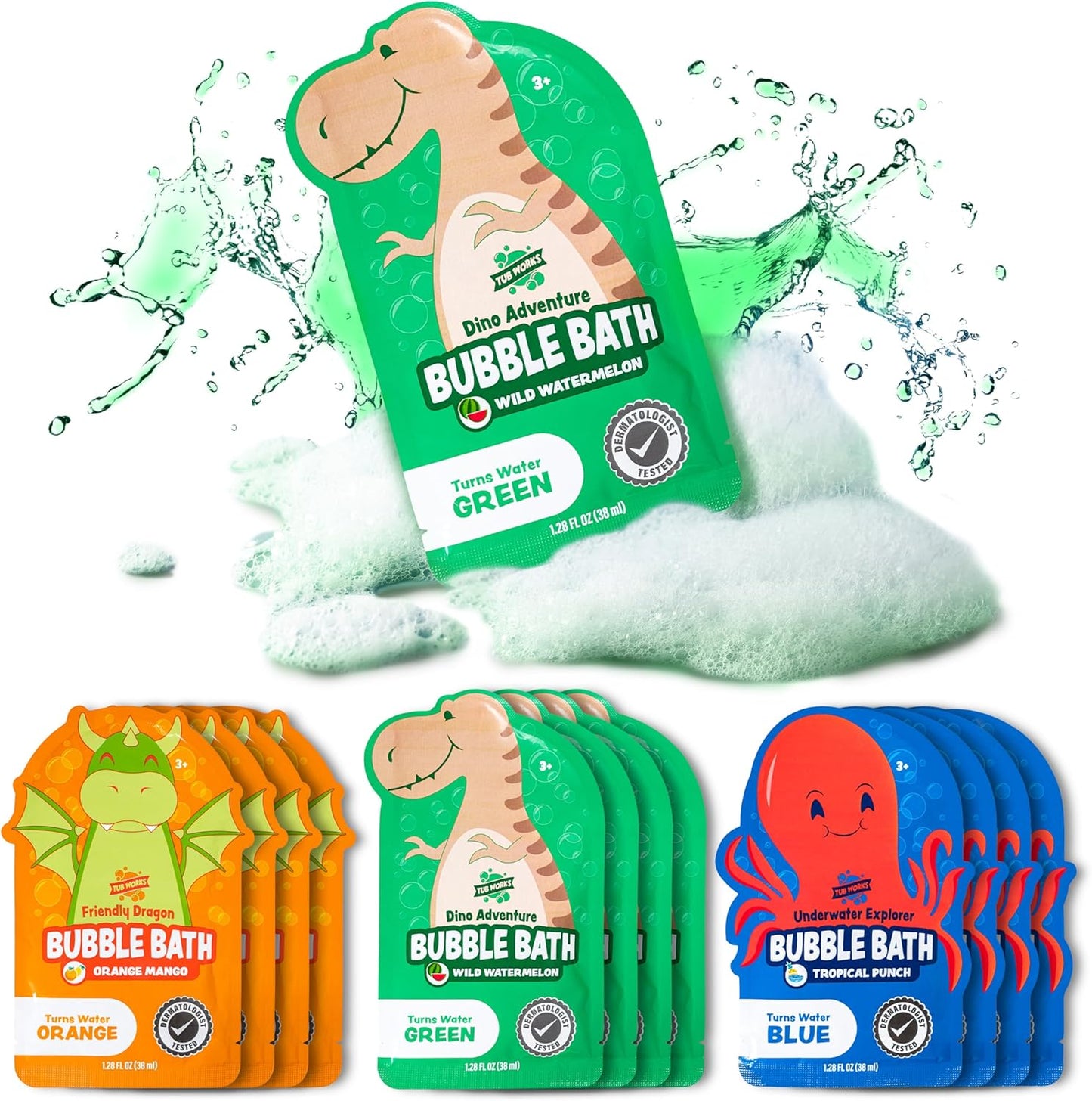 Tub Works® Magical Kids Bubble Bath, Variety 12 Pack | Creates Colorful Water & Tons of Bath Bubbles | Nontoxic | Character-Themed Bubble Bath for Kids | Green, Blue & Orange Bath Colors