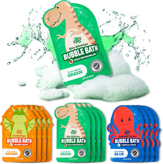 Tub Works® Magical Kids Bubble Bath, Variety 12 Pack | Creates Colorful Water & Tons of Bath Bubbles | Nontoxic | Character-Themed Bubble Bath for Kids | Green, Blue & Orange Bath Colors