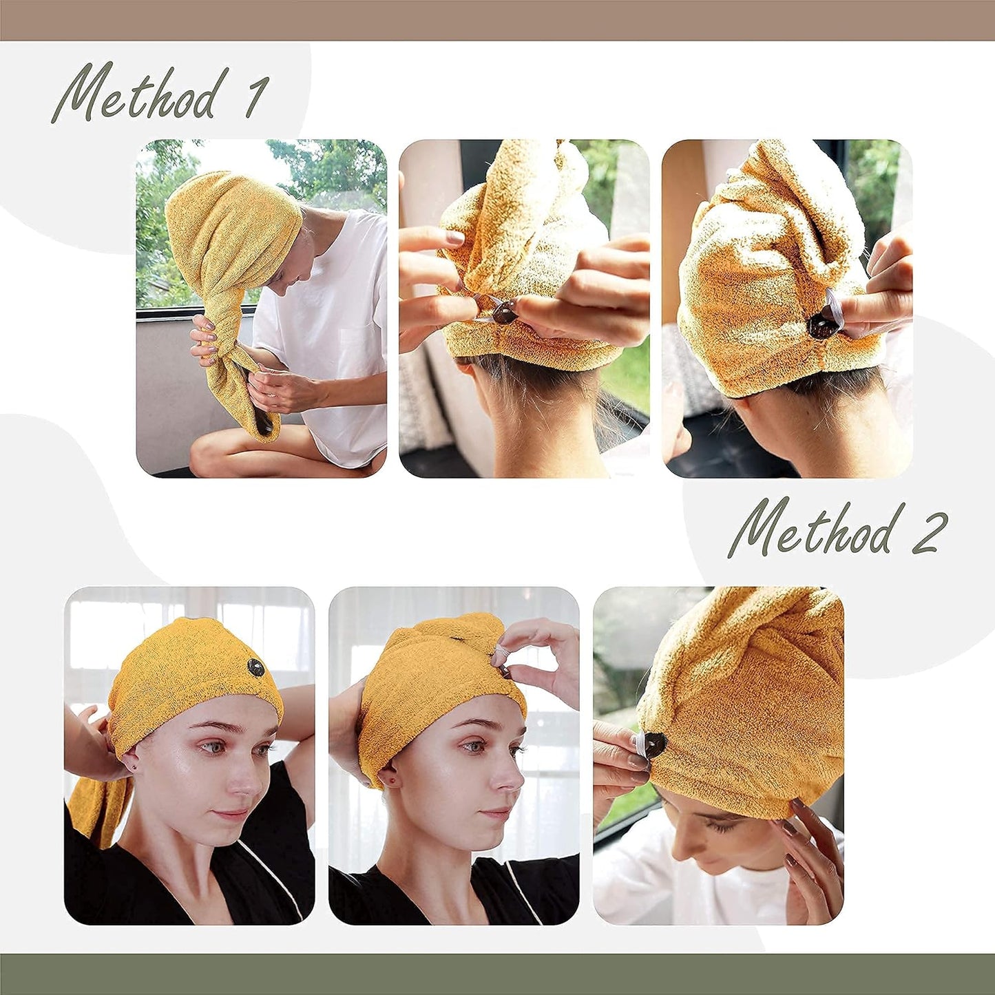 myHomeBody Hair Towel Wrap, Luxury Quick Drying Turban, Ultra Soft Absorbent Charcoal Fiber Cap, with Coconut Shell Button– Mango