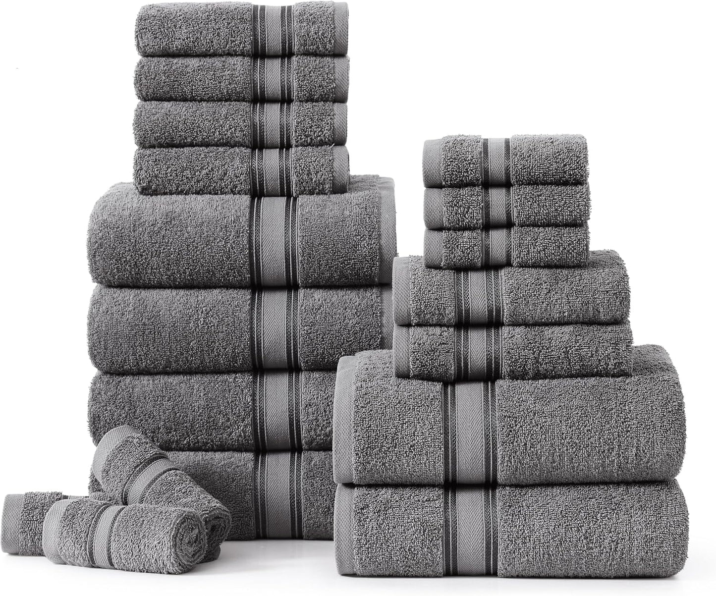 Lane Linen 100% Cotton Luxury Towel Set for Bathroom - 18 Pieces, Zero Twist - Super Plush, Very Soft & Absorbent - 6 Bath Towels, 6 Washcloths, 6 Hand Towels - Suitable for All Skin Types - Cool Grey