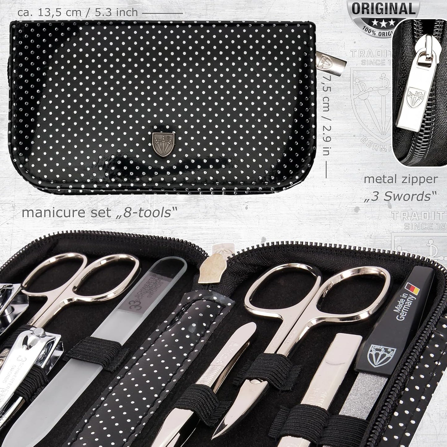 3 Swords Germany - brand quality 8 piece manicure pedicure grooming kit set synthetic leather case black silver spots - Made in Germany