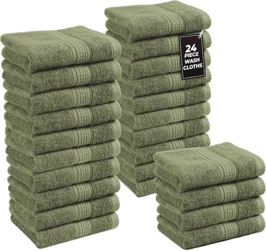 LANE LINEN 100% Cotton Washcloths 24 Pack - Spa & Salon Quality - Ring Spun Cotton Face Cloths - Very Soft & Absorbent Wash Cloths for Body, Beauty, Home, Gym - Fingertip Towels - 13"x13", Oil Green