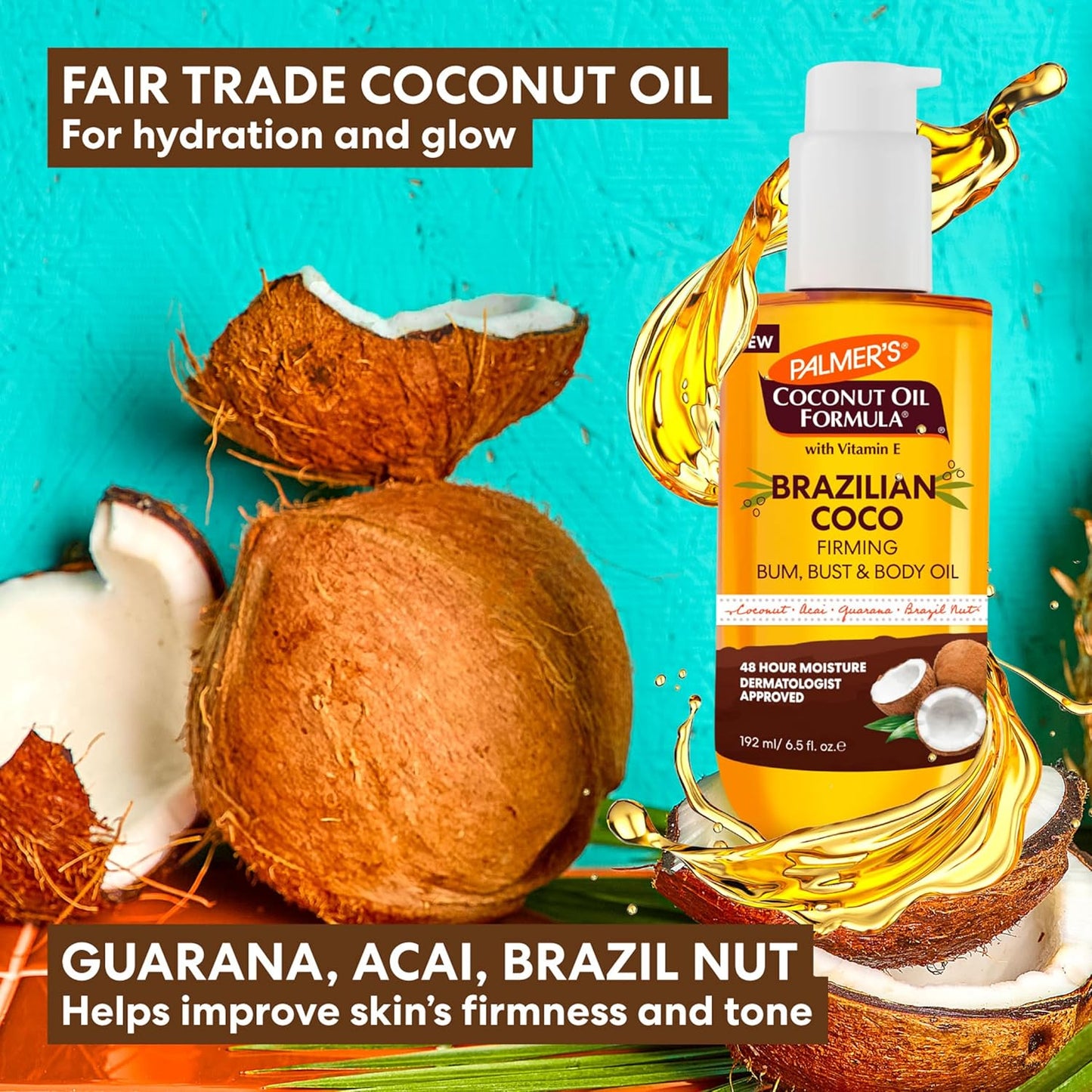 Palmer's Coconut Oil Formula Brazilian Coco Firming Body Oil with Vitamin E, 6.5 Fl Oz, Helps with Skin Tightening & Firming of Bum, Bust & Belly, Provides 48Hr Moisture, Dermatologist Approved
