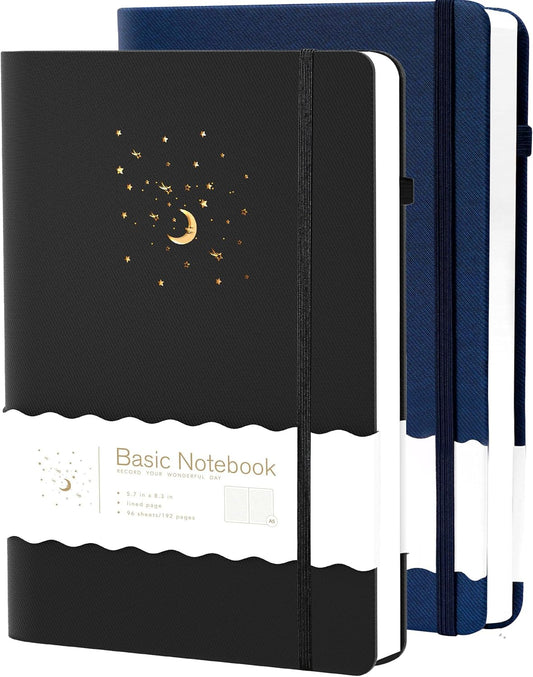 CAGIE 2 Pack Lined Journals Notebooks for Work, Hardcover Notebook Journal with Pen Loop, A5 Small Journal for Women Men Writing Gifts, 5.7" x 8.3", Blue& Black