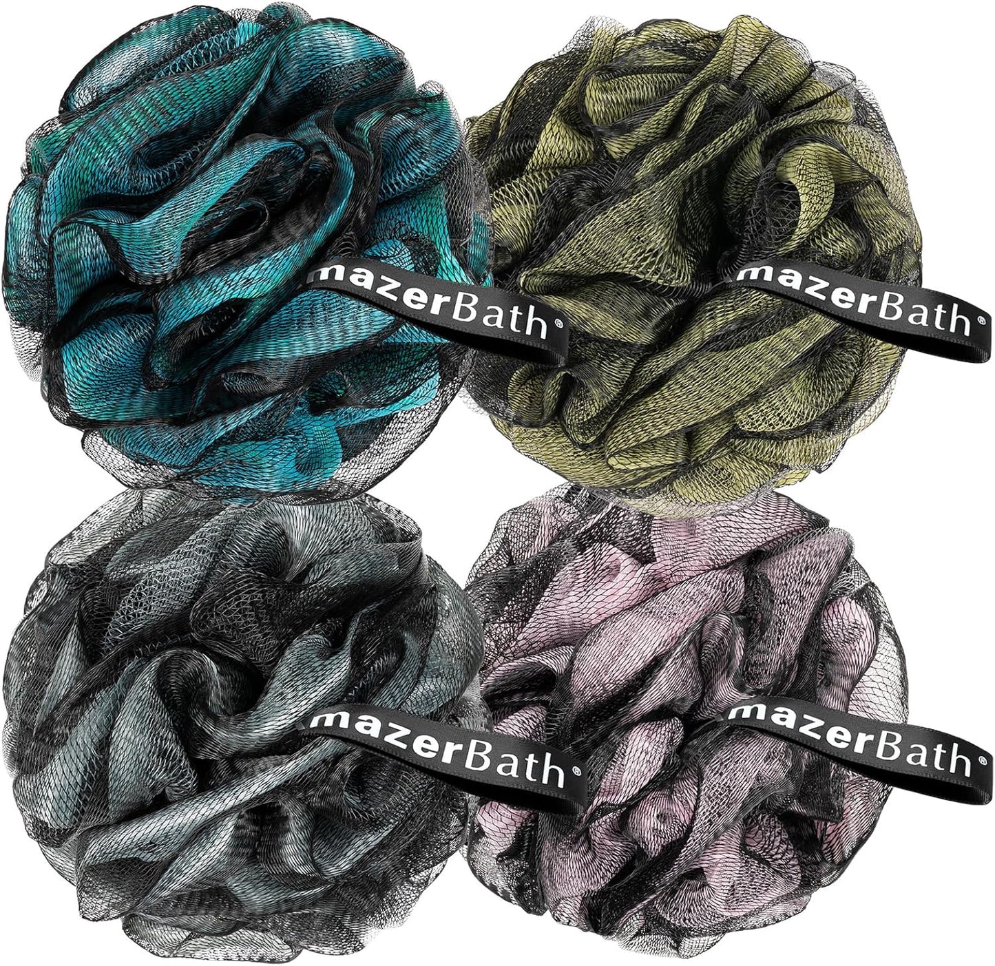AmazerBath Charcoal Loofah Sponge, Shower Loofah 60g/PCS - Body Scrubber Loofa Set of 4 - Charcoal Blue, Gray, Pink & Army Green, Bath Sponge for Men and Women