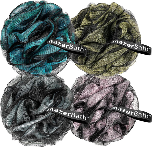 AmazerBath Charcoal Loofah Sponge, Shower Loofah 60g/PCS - Body Scrubber Loofa Set of 4 - Charcoal Blue, Gray, Pink & Army Green, Bath Sponge for Men and Women