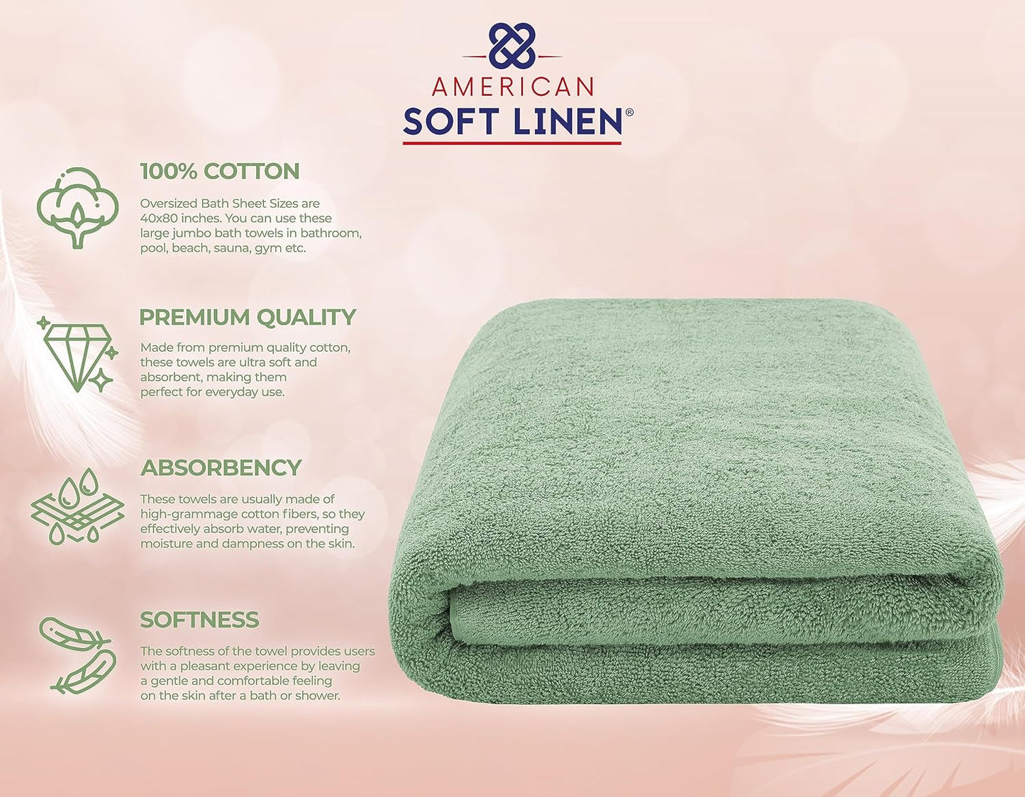 American Soft Linen Oversized Bath Sheet 40x80 Extra Large for Bathroom, 600 GSM 100% Cotton Turkish Jumbo Bathsheet Towels for Adults, Sage Green