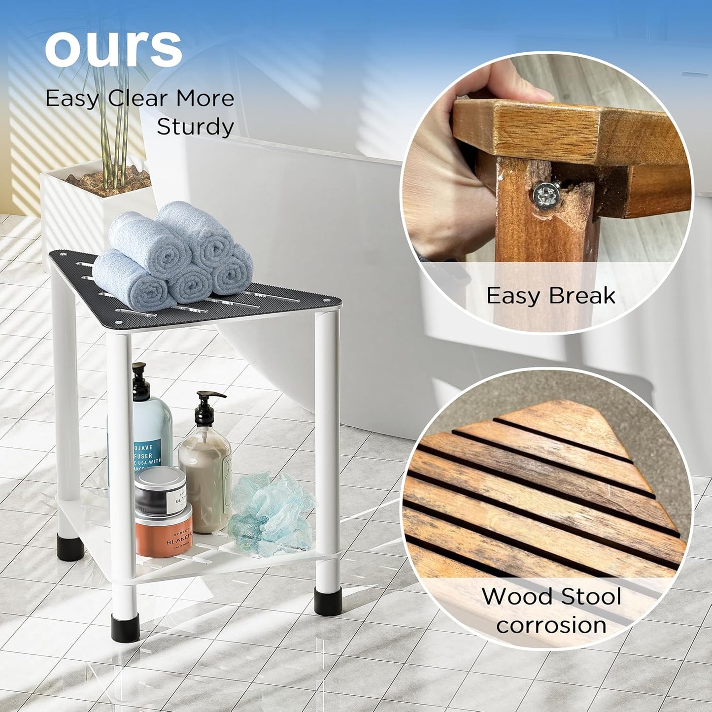 Stainless Steel Shower Stool for Inside Shower, 15.4'' H Shower Foot Rest, Corner Shower Stool with Storage Shelf, Shower Step for Shaving Legs, Bathroom Corner Shower Bench, White