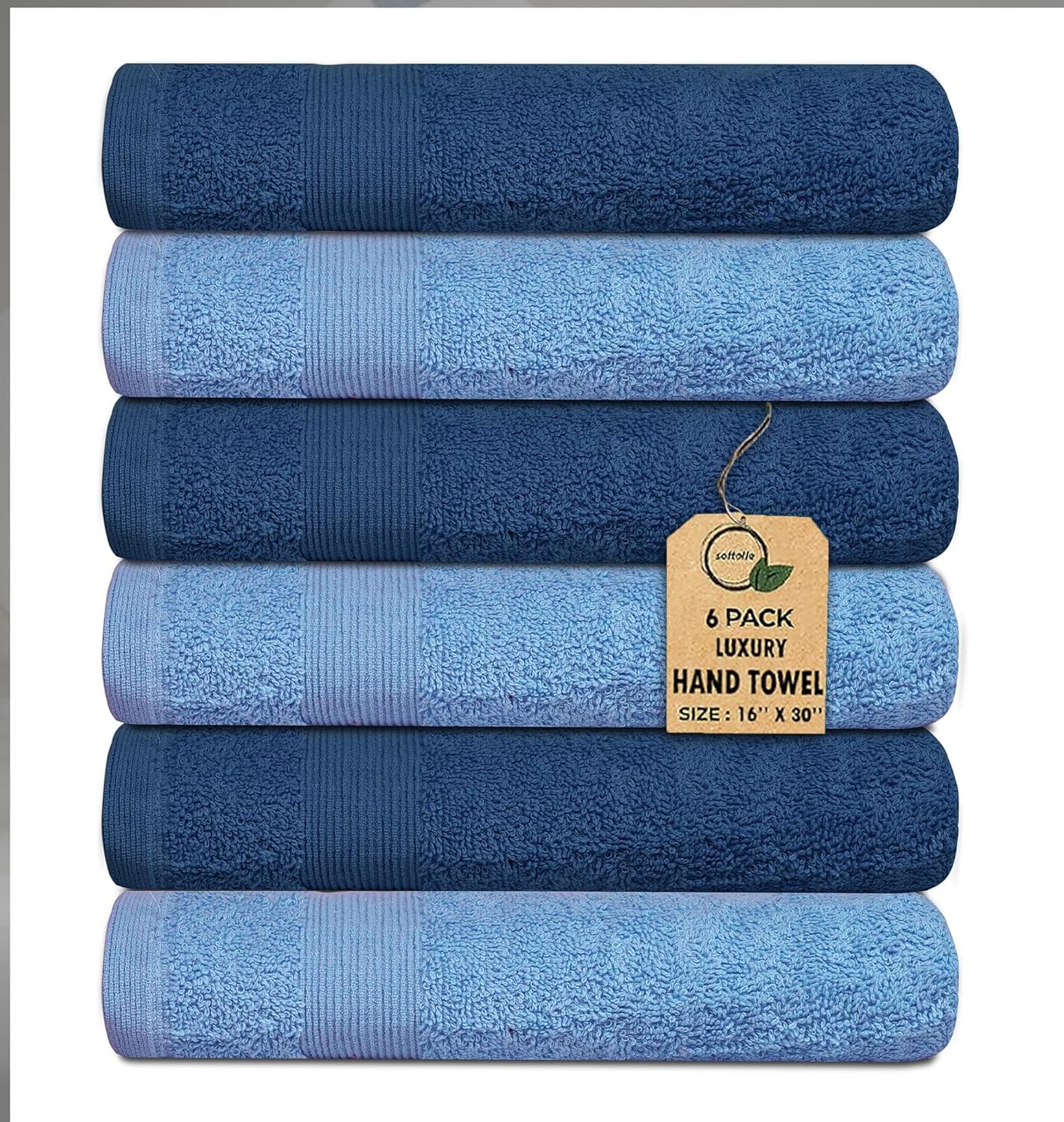Premium Hand Towels Pack of 6 (16" x 30”) 100% Combed Ring Spun Cotton | Highly Absorbent Hand Towels Set | Ultra Soft for Home, Gym & Spa (Sky/Navy)