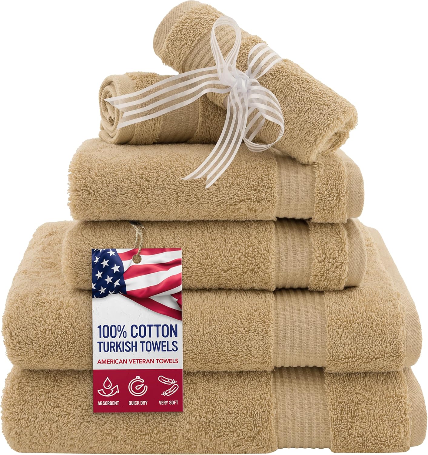 American Veteran Towel, 6 Piece Towel Set for Bathroom, 100% Cotton Turkish Bathroom Towels, 2 Bath Towels 2 Hand Towels 2 Washcloths, Beige