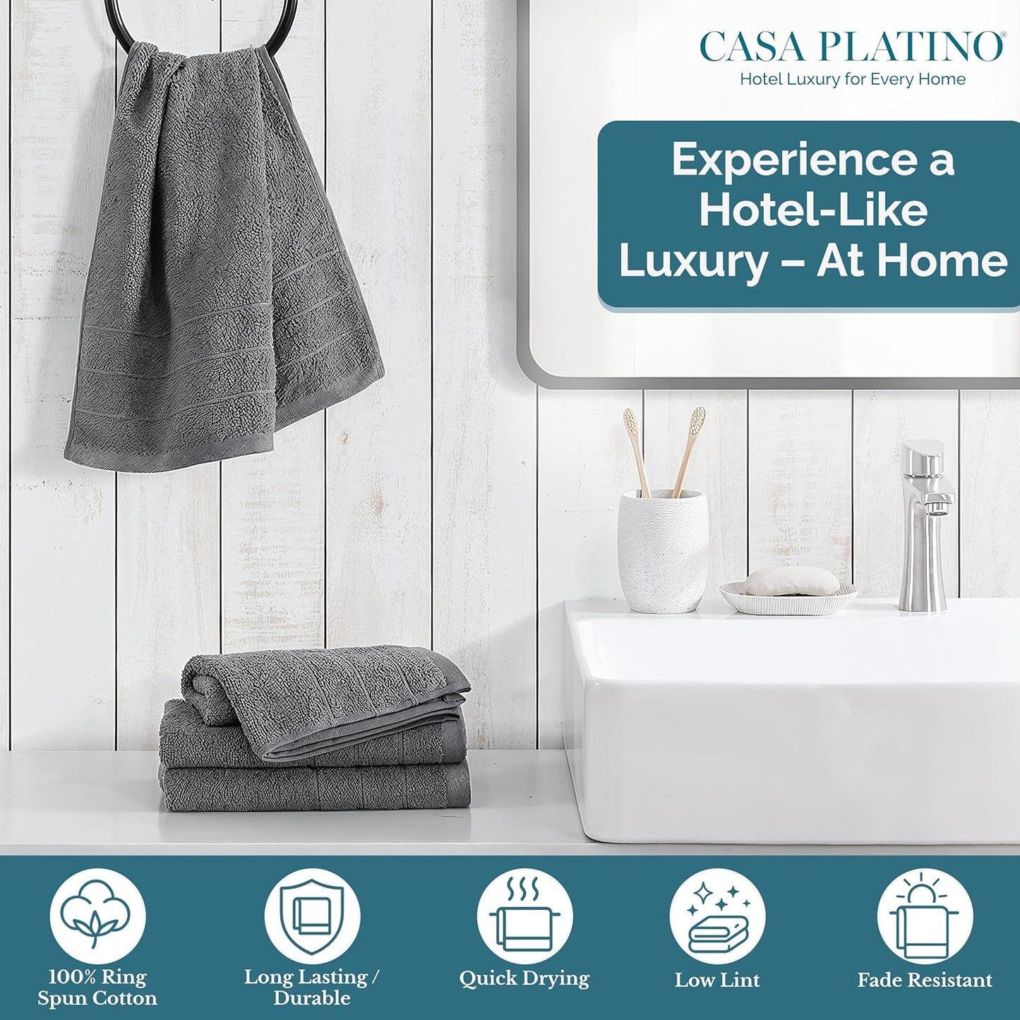 Casa Platino 100% Mercerized Cotton Hand Towels for Bathroom (16"x28") - Spa & Hotel Quality - Ring Spun - Quick Dry, Soft & Absorbent Bath Hand Towel Set of 4 - Pet Friendly, Pre Shrunk - Cool Grey
