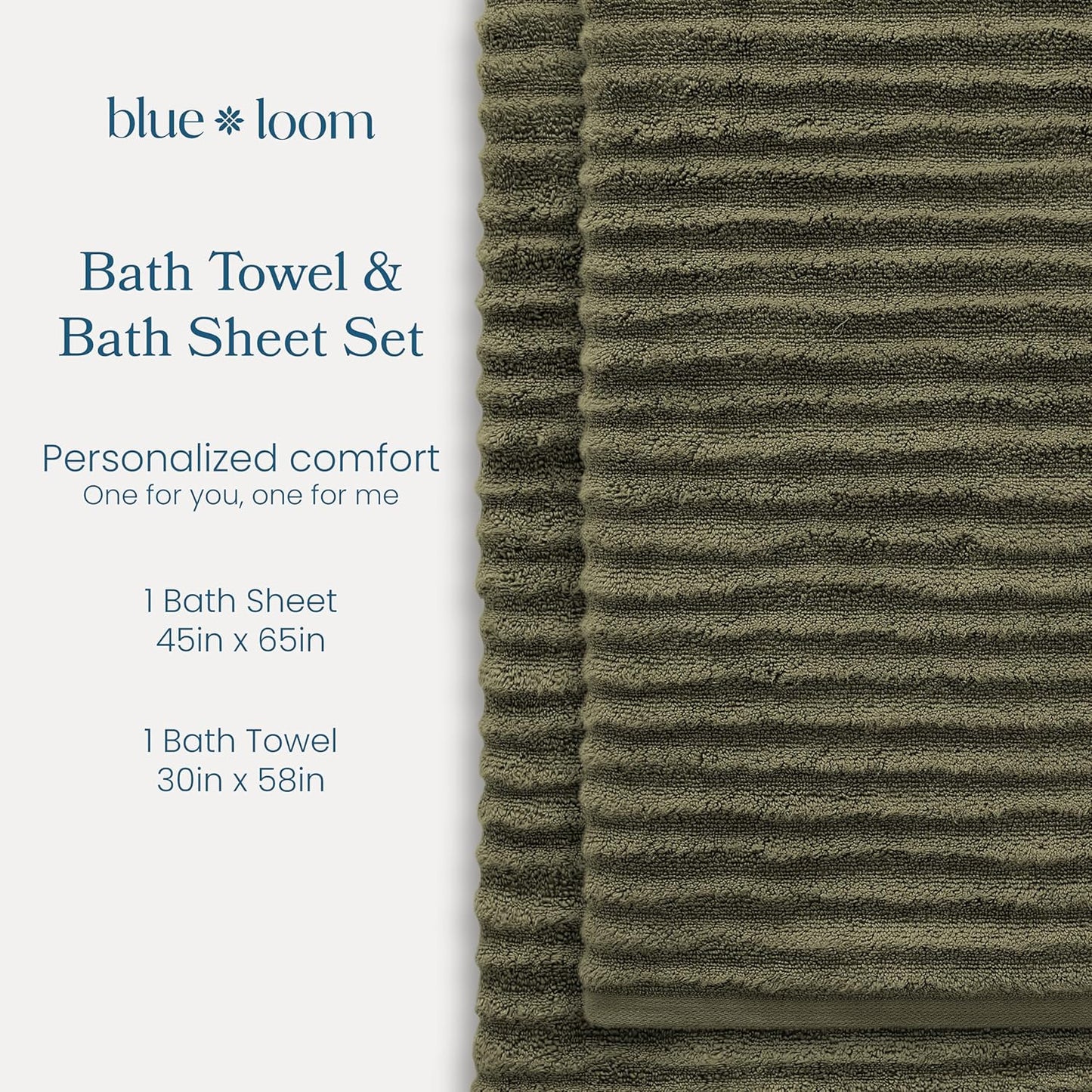 Blue Loom Ribbed Bath Sheet & Towel, 100% Cotton 600 GSM, Soft Absorbent Durable Quick Drying Bath Sheet & Bath Towel Set for Bathroom - Mason Set of 2 Moss Green (65" x 45" & 58" x 30")