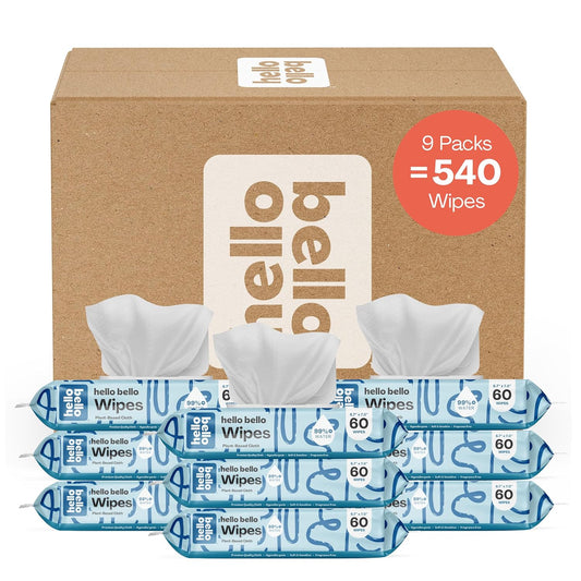 Hello Bello Extra Gentle Unscented Baby Wipes, Plant Based, Made with 99% Water and Aloe for Babies and Kids, 60 Count (Pack of 9) Total 540 Count