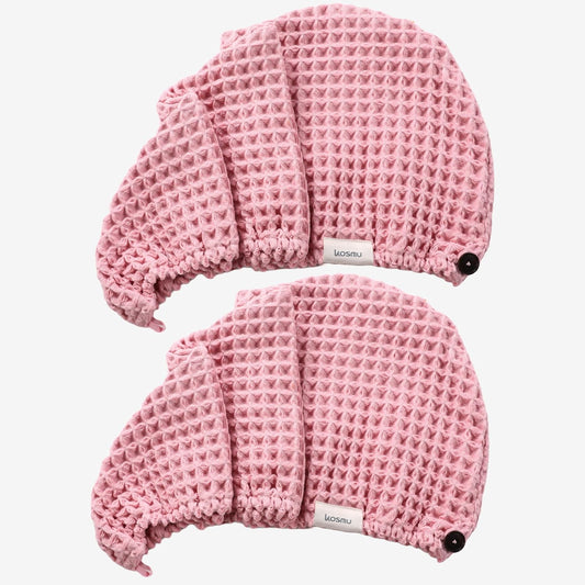 Hair Towel | 2 Pack, 100% Cotton Silk Hair-Drying Waffle Wrap Turban for Women, Ultra-Absorbent, Anti Frizz, Hair Damage Protection for Straight and Curly Hair (Sakura Pink, 2 Pack)