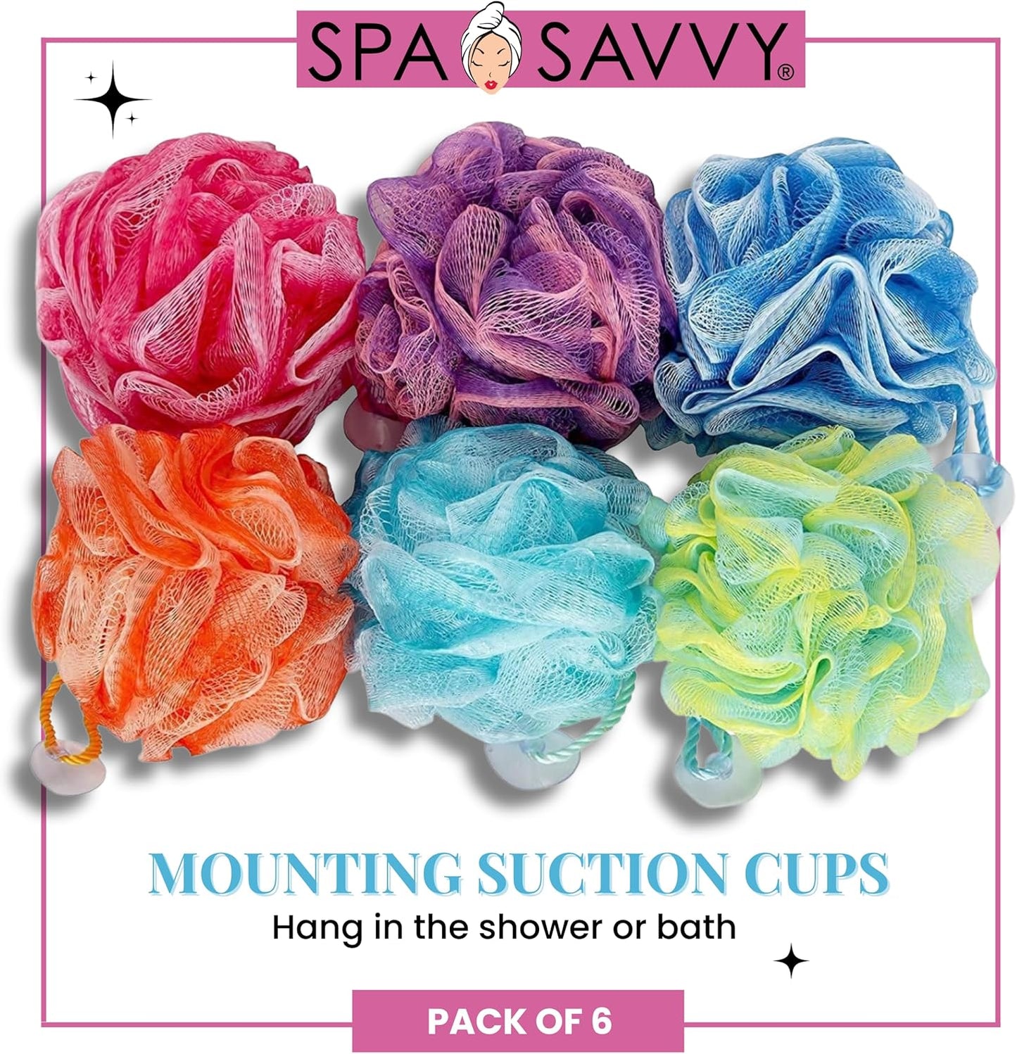 Bath Loofah Set, 6 Pack Shower Pouf Body Sponges with Suction Cups, Exfoliating Bath Accessories for Men and Women, Multicolor