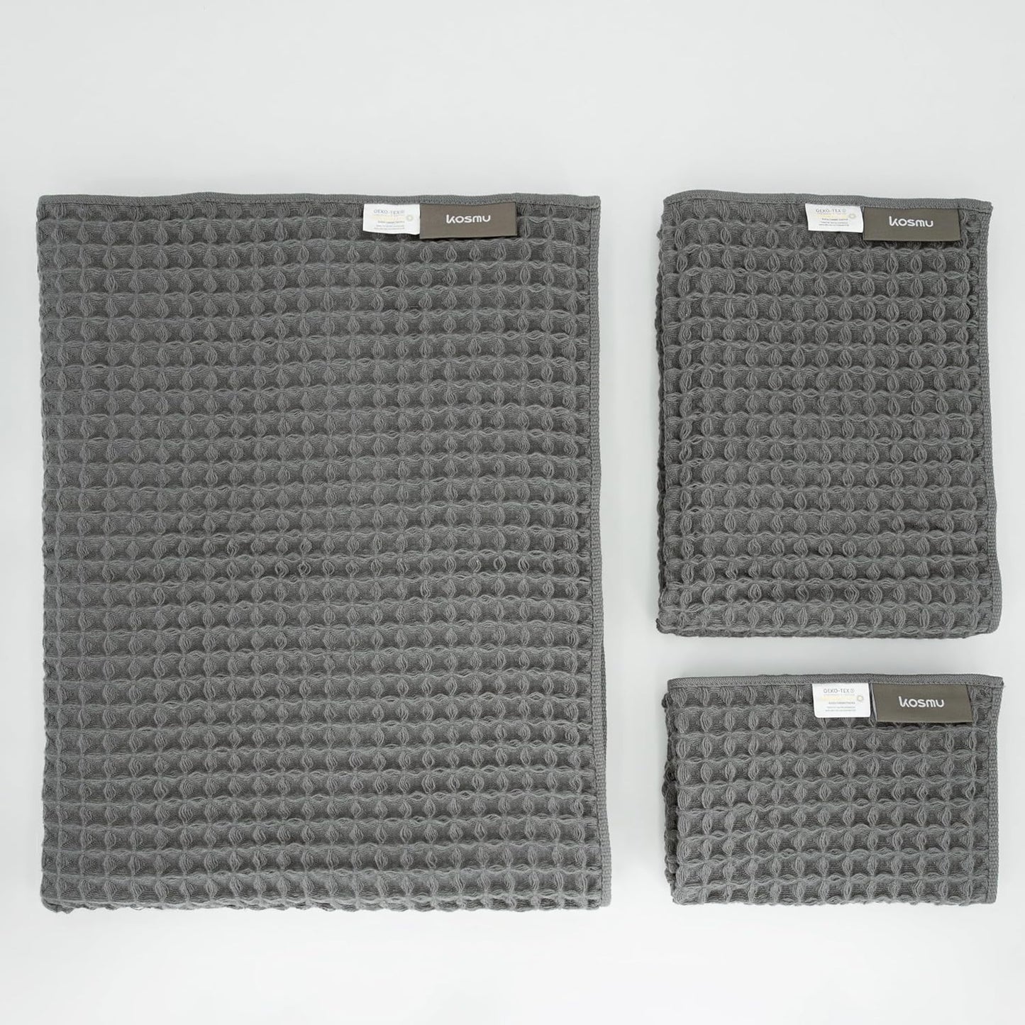 Luxury Japanese Cotton Waffle Bath Towel | Plush, Absorbent, and Quick Dry | Free Storage Bag Included (Smoke Grey, Bath Towel Set (3-Piece))