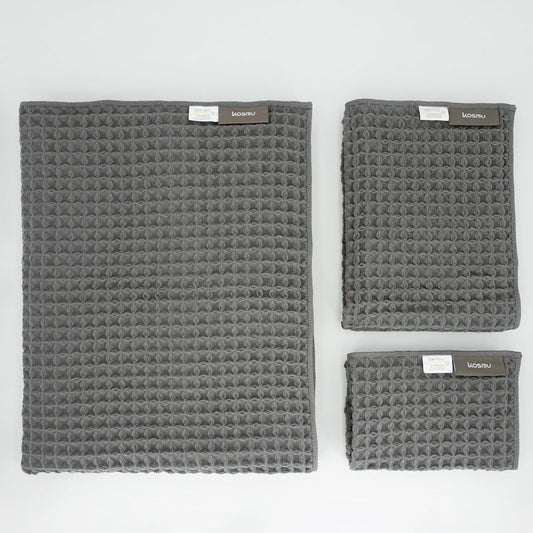Luxury Japanese Cotton Waffle Bath Towel | Plush, Absorbent, and Quick Dry | Free Storage Bag Included (Smoke Grey, Bath Towel Set (3-Piece))