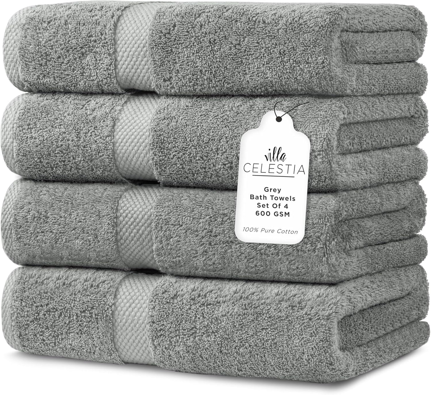 600 GSM 100% Cotton Bath Towels, Grey, Set of 4, Highly Absorbent, Plush, Soft, Quick Dry, 4 Pieces Combed Cotton Luxury Towels for Hotels, Spa, Salon, Bathroom, Dorm, Pack of 4