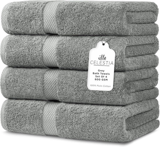 600 GSM 100% Cotton Bath Towels, Grey, Set of 4, Highly Absorbent, Plush, Soft, Quick Dry, 4 Pieces Combed Cotton Luxury Towels for Hotels, Spa, Salon, Bathroom, Dorm, Pack of 4