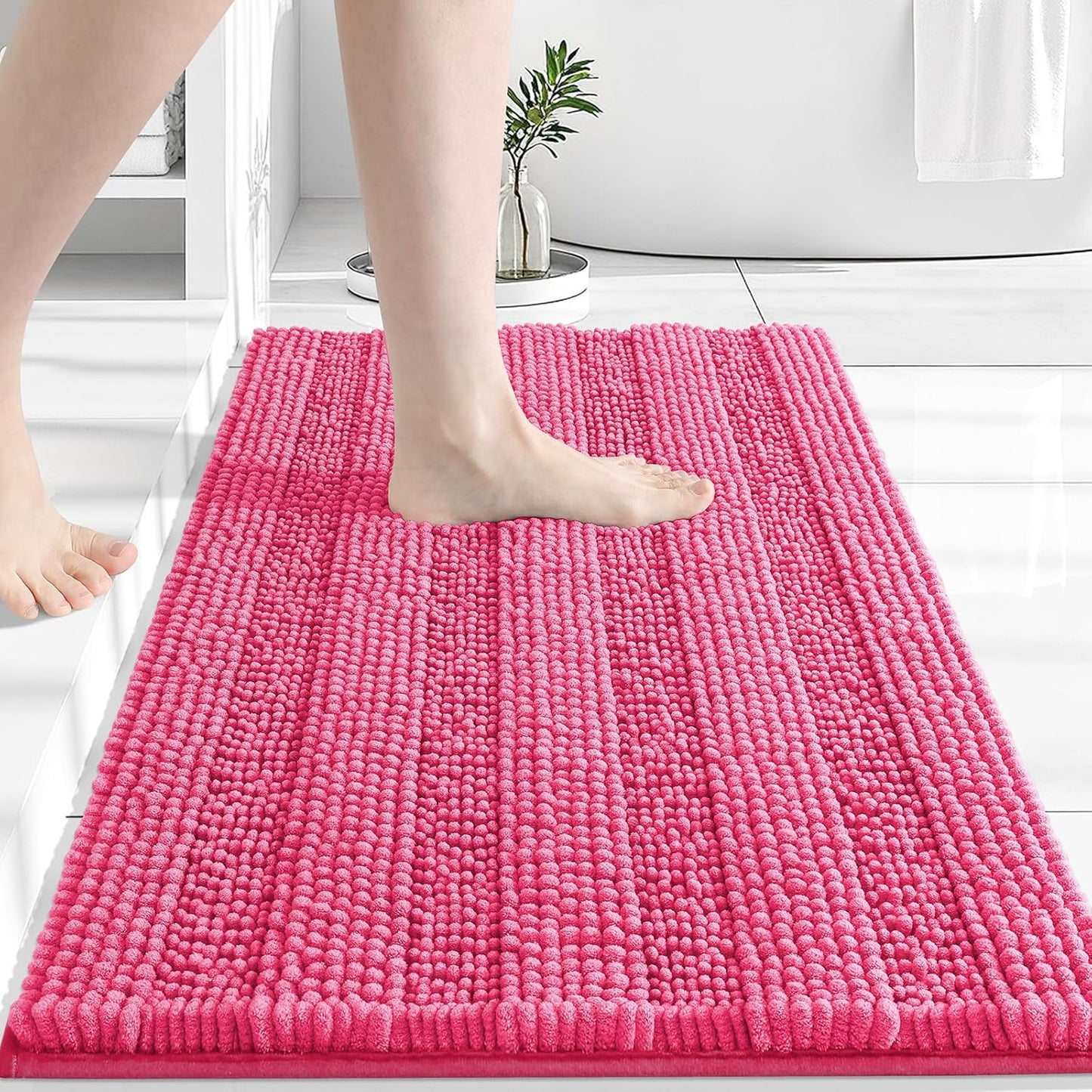 Grandaily Chenille Striped Bathroom Rugs 30x20, Extra Thick and Absorbent Bath Mats, Non-Slip Soft Plush Shaggy Shower Carpet, Machine Wash Dry, Bath Rug for Bathroom, (Medium, Hot Pink)