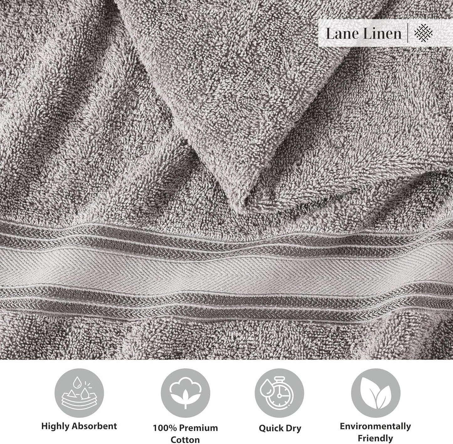 LANE LINEN 100% Cotton Bath Towels Set of 4 (28"x54") - Zero Twist, Mercerized Cotton Extra Large Bathroom Towel Sets - Quick Dry, Soft & Absorbent Grey Towels Set - Pre Shrunk, Fade Resistant - Grey
