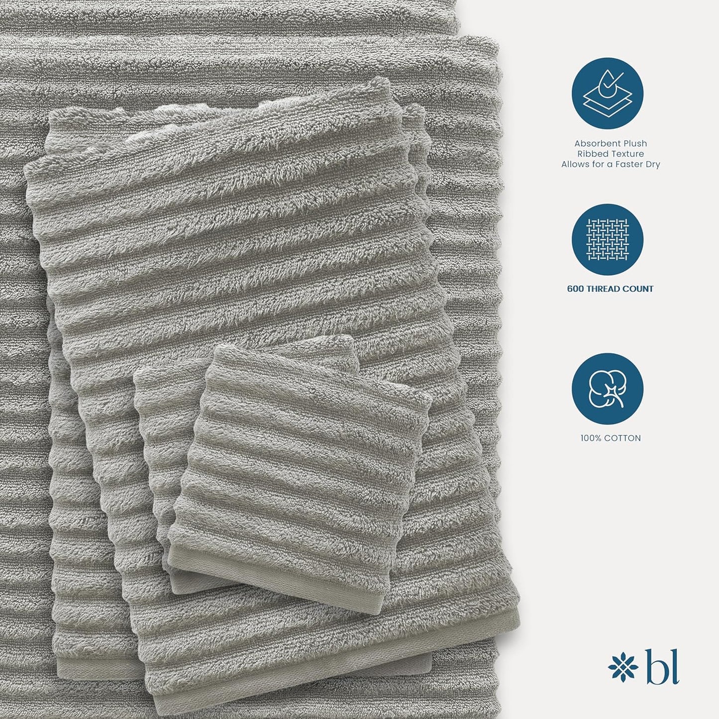 Blue Loom Ribbed Bath Towels Set, 100% Cotton 600GSM, Soft Absorbent Durable 2 Bath Towels, 2 Hand Towels, 2 Wash Cloths for Bathroom - Mason (58" x 30" inch Towels) (Stone, 6 Piece)