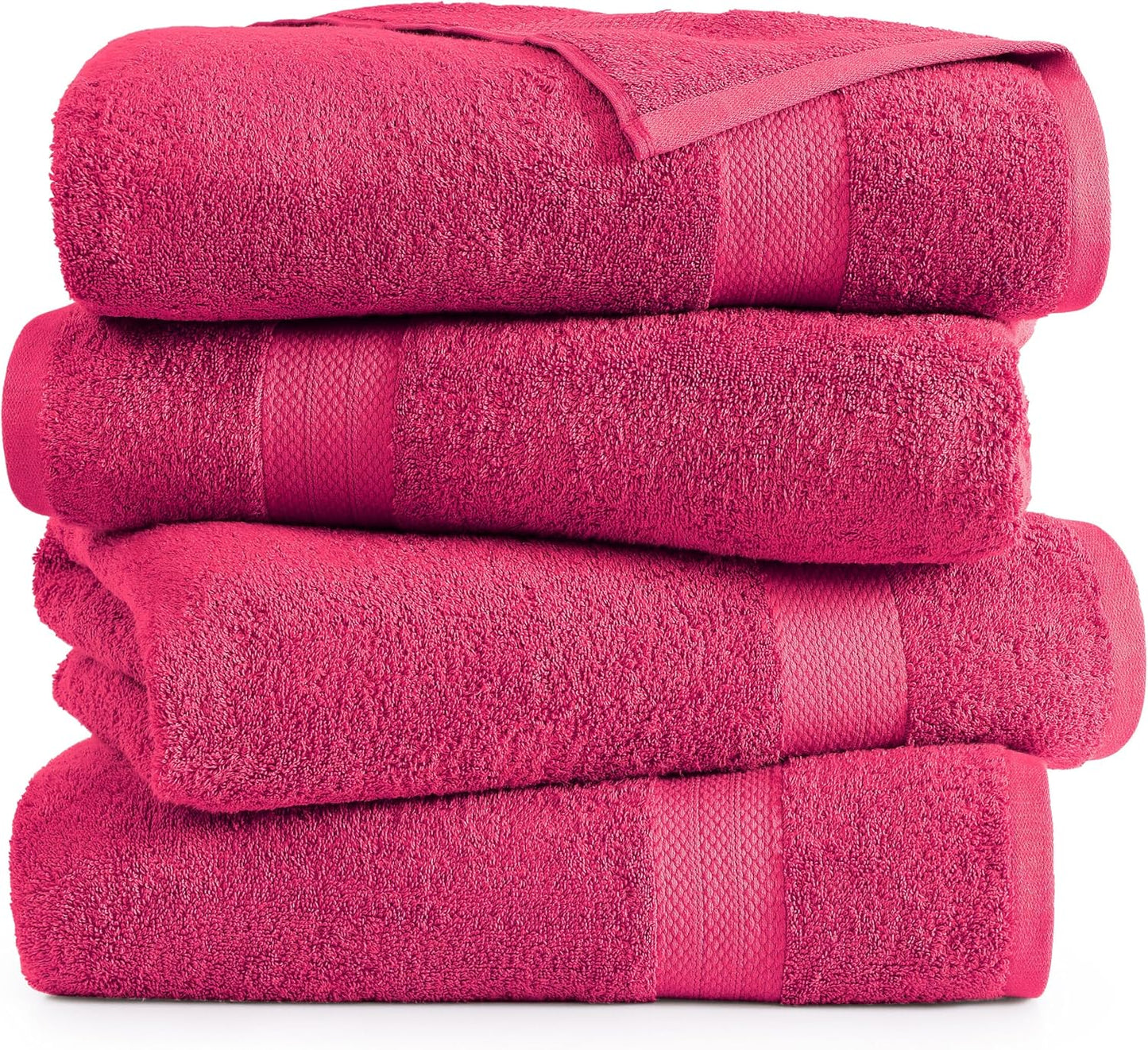 LANE LINEN 100% Cotton Large Bath Towels Set of 4 (28"x54") - Ring Spun Mercerized Cotton Bathroom Towel 4 Pack - Quick Dry, Soft & Absorbent Large Towels Set - Dorm Essentials for Girls - Fuchsia