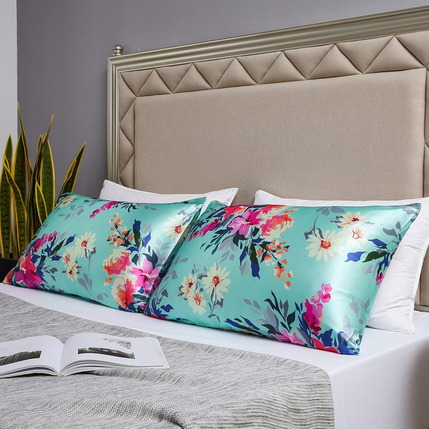 MR&HM Satin Pillowcase for Hair and Skin, Silk Satin Pillowcase 2 Pack, King Size Pillow Cases Set of 2, Silky Pillow Cover with Envelope Closure (20x40, Floral Green)