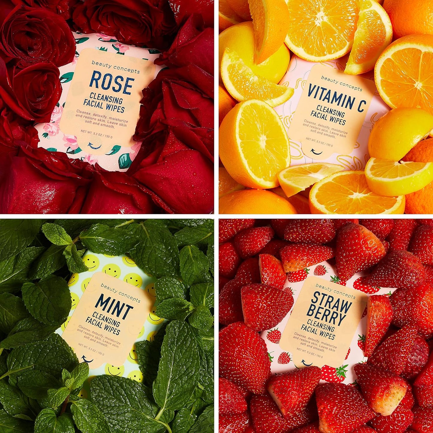 Beauty Concepts Facial Wipe Set - Packs of Face Wipes, Makeup Removing Wipes, Mint, Vitamin C, Strawberry, and Rose
