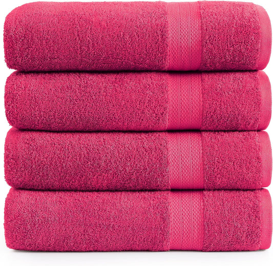 LANE LINEN 100% Cotton Large Bath Towels Set of 4 (28"x54") - Ring Spun Mercerized Cotton Bathroom Towel 4 Pack - Quick Dry, Soft & Absorbent Large Towels Set - Dorm Essentials for Girls - Fuchsia