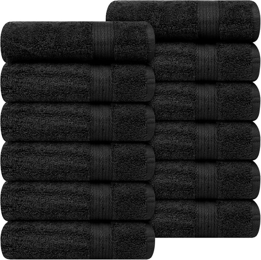 Ample Decor Hand Towel 18 X 28 Inch Pack of 12 600 GSM 100% Cotton, Soft Absorbent Thick Durable Premium Quality, for Hotel, Bathroom, Spa, Daily Use, Gym - Machine Washable - Black