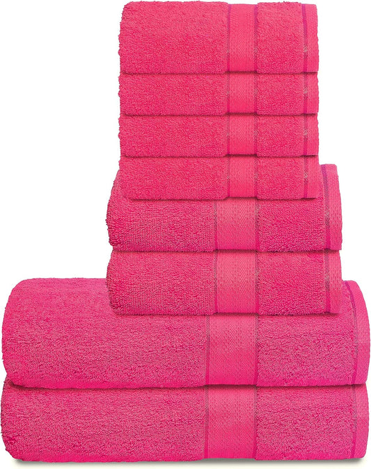 GLAMBURG 700 GSM Premium 8-Piece Towel Set - Contains 2 Bath Towels 30x54, 2 Hand Towels 16x28, 4 Wash Cloths 13x13 - Luxury Hotel & Spa Quality - Durable Ultra Soft Highly Absorbent - Hot Pink