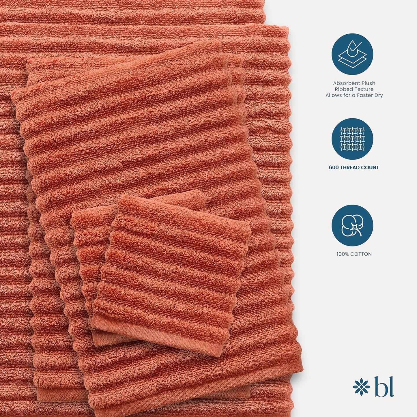 Blue Loom Ribbed Bath Towels Set, 100% Cotton 600 GSM, Soft Absorbent Durable Quick Drying 2 Bath Towels for Bathroom - Mason Set of 2 Terracotta Red (58" x 30" Inch)